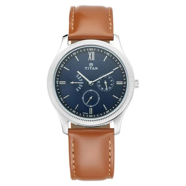 Titan Quartz Multifunction Blue Dial Leather Strap Watch for Men