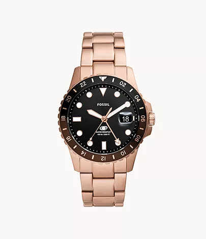 Fossil Blue GMT Rose Gold-Tone Stainless Steel Watch