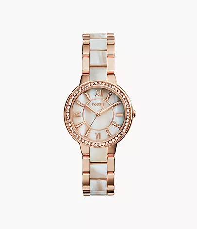 Fossil Virginia Three-Hand Day-Date Rose Gold-Tone and Horn Acetate Stainless Steel Watch