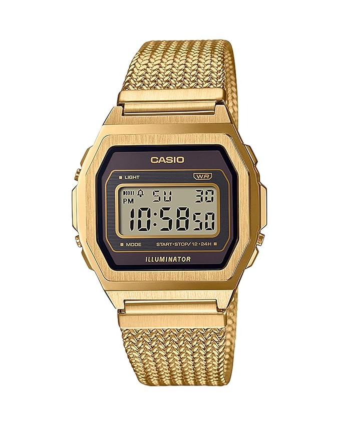 Casio Unisex Vintage A1000MGA-5DF Black Digital Dial Gold Stainless Steel Mesh Band