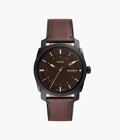 Fossil Machine Three-Hand Date Brown Leather Watch
