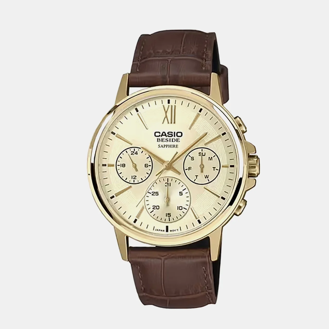 Men Quartz Gold Dial Analog Leather Watch A2543