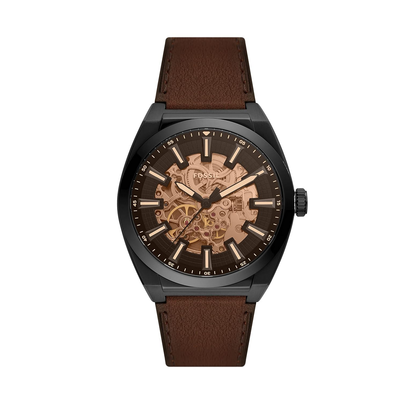 Fossil Men Leather Everett Analog Black Dial Watch-Me3207, Band Color-Brown