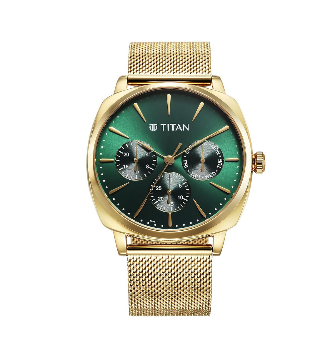 Titan Classique Suave Quartz Green Dial Golden Stainless Steel Mesh Strap Watch for Men