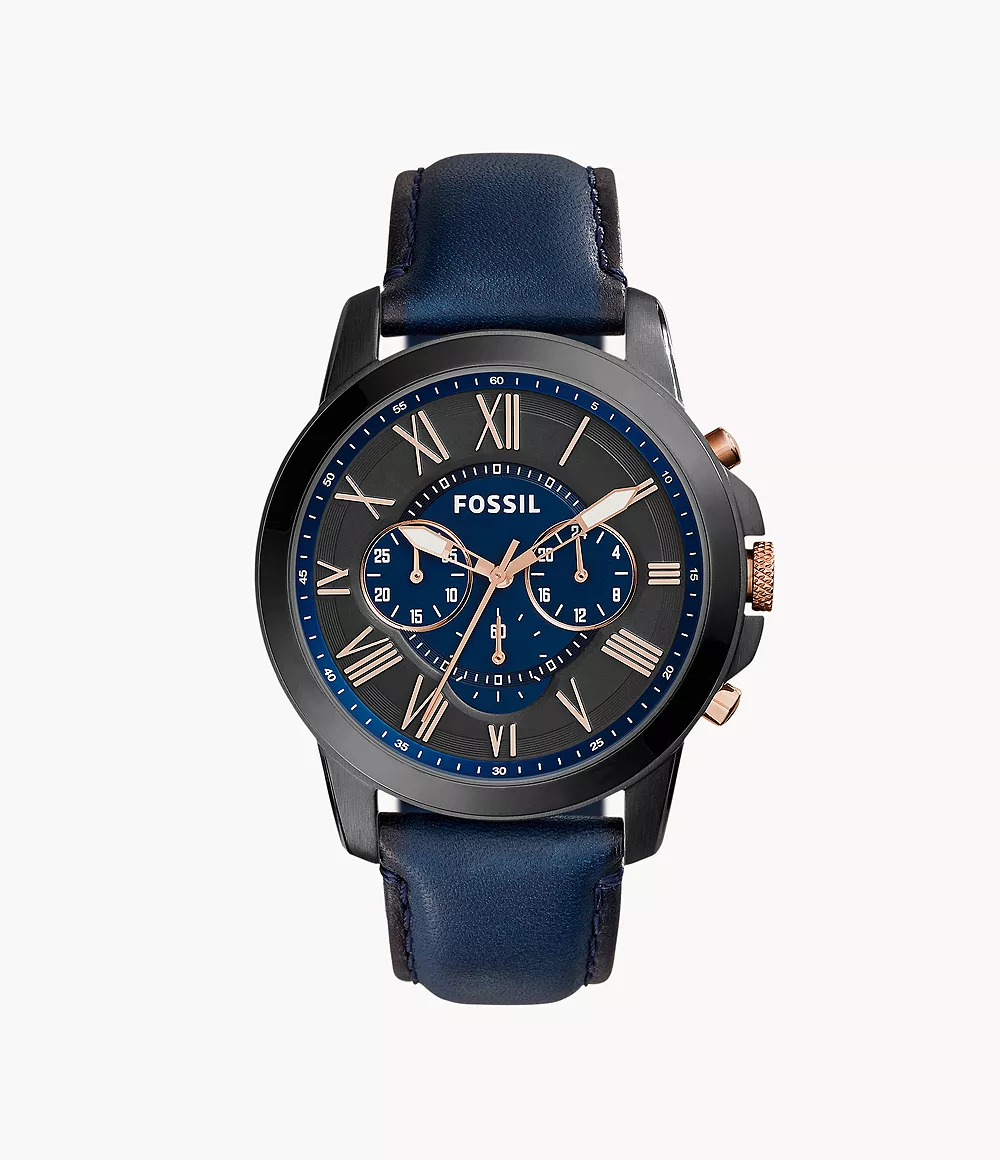 Grant Chronograph Navy Leather Watch Fossil