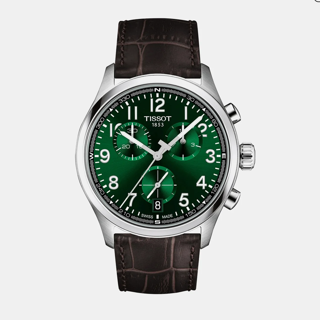 Men Quartz Green Dial Chronograph Leather Watch T1164171609200