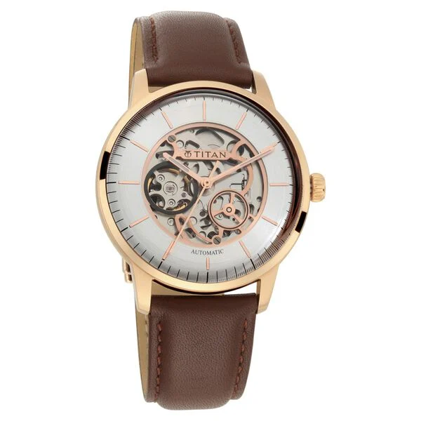 Titan Automatic Silver Dial Brown Leather Strap Watch for Men