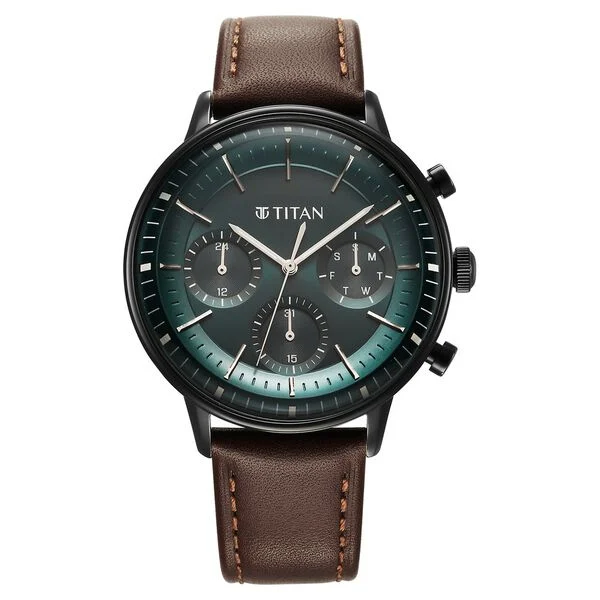 Titan Light Leathers Quartz Multifunction Black Dial Leather Strap Watch for Men