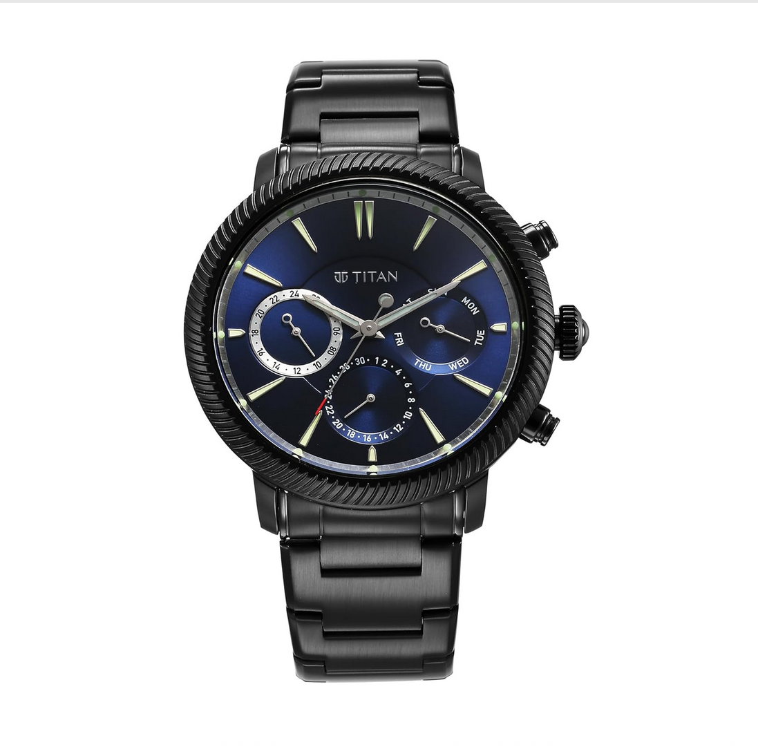 Titan Stellar Multifunction Blue Dial Black Stainless Steel Strap Watch For Men