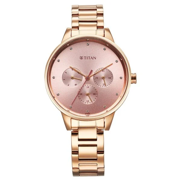 Titan Razzle Dazzle Quartz Analog with Day and Date Pink Dial Rose Gold Stainless Steel Strap Watch For Women