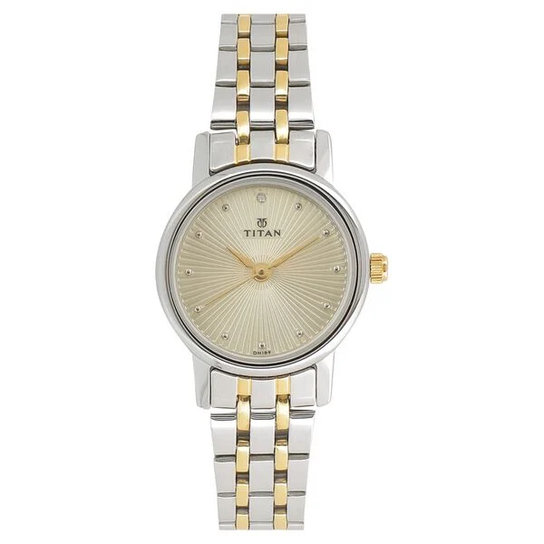 Titan Quartz Analog Champagne Dial Stainless Steel Strap Watch for Women