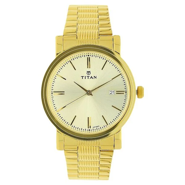 Titan Quartz Analog with Date Champagne Dial Golden Stainless Steel Strap Watch For Men