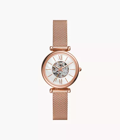 Fossil Carlie Mini Automatic Rose Gold-Tone Stainless Steel Mesh Watch
