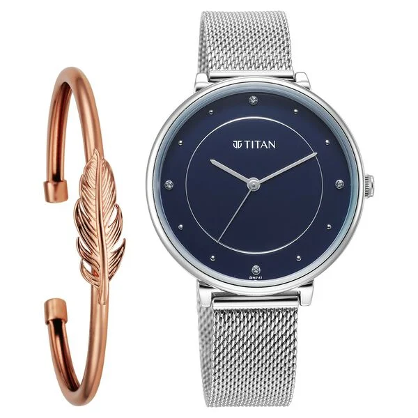 Titan Purple Stackables Quartz Analog Blue Dial Stainless Steel Strap Watch for Women