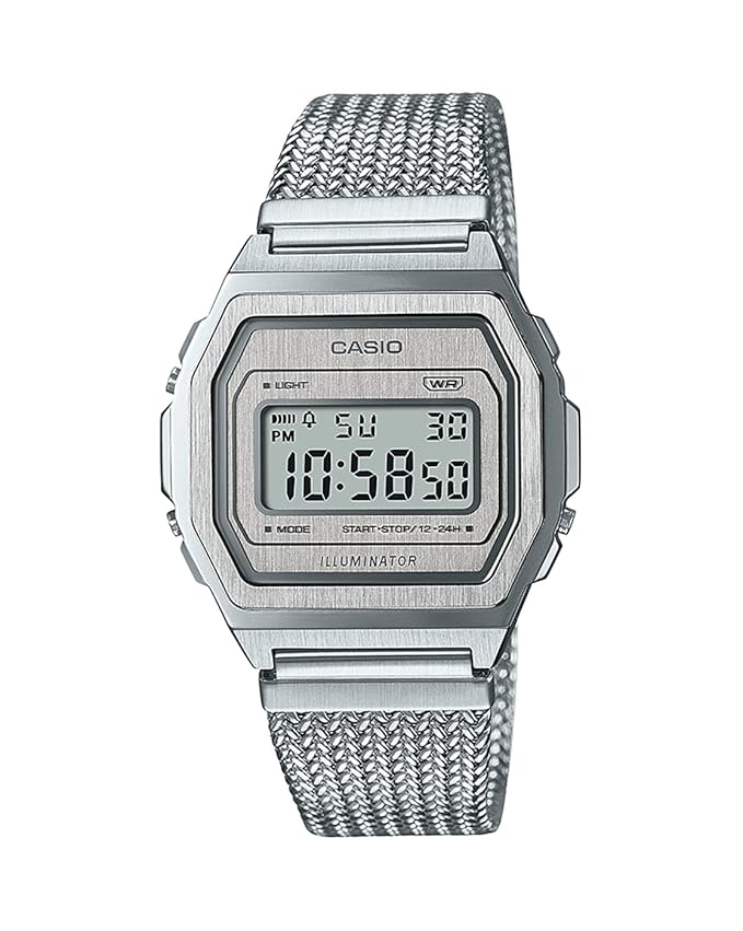Casio Unisex Vintage A1000MA-7DF Silver Digital Dial Silver Stainless Steel Mesh Band