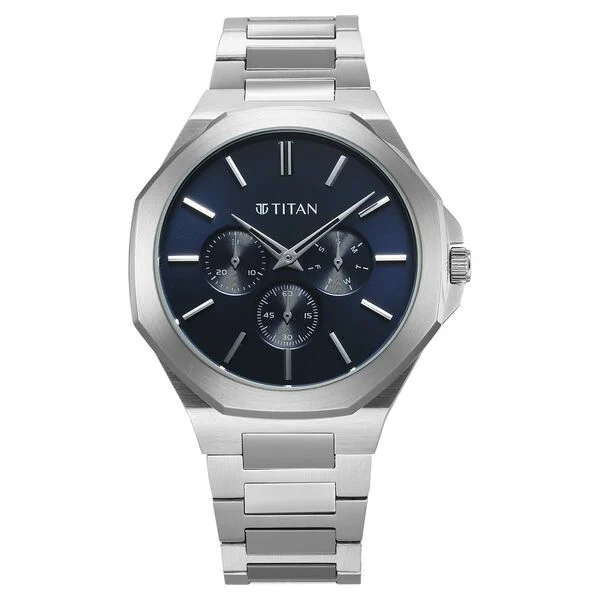 Titan Classic Slim Multifunction Quartz Multifunction Blue Dial Stainless Steel Strap Watch For Men