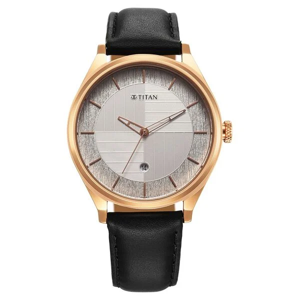 Titan Neo Economy Quartz Analog with Date Silver Dial Black Leather Strap Watch For Men