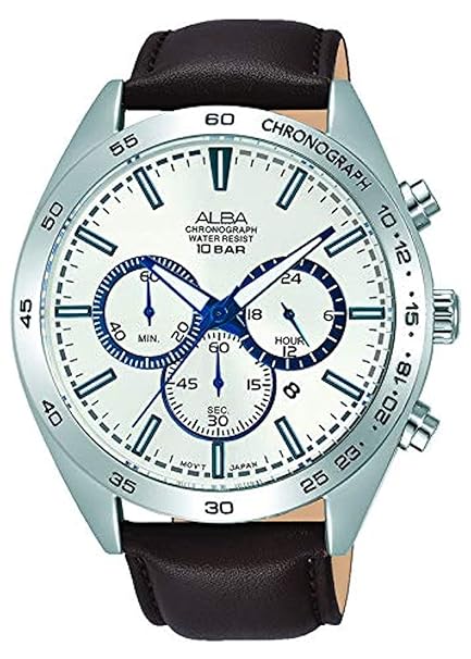 Alba Men By Seiko - Gents Leather Strap Chronograph Analogue Watch, Silver Dial, Black Band