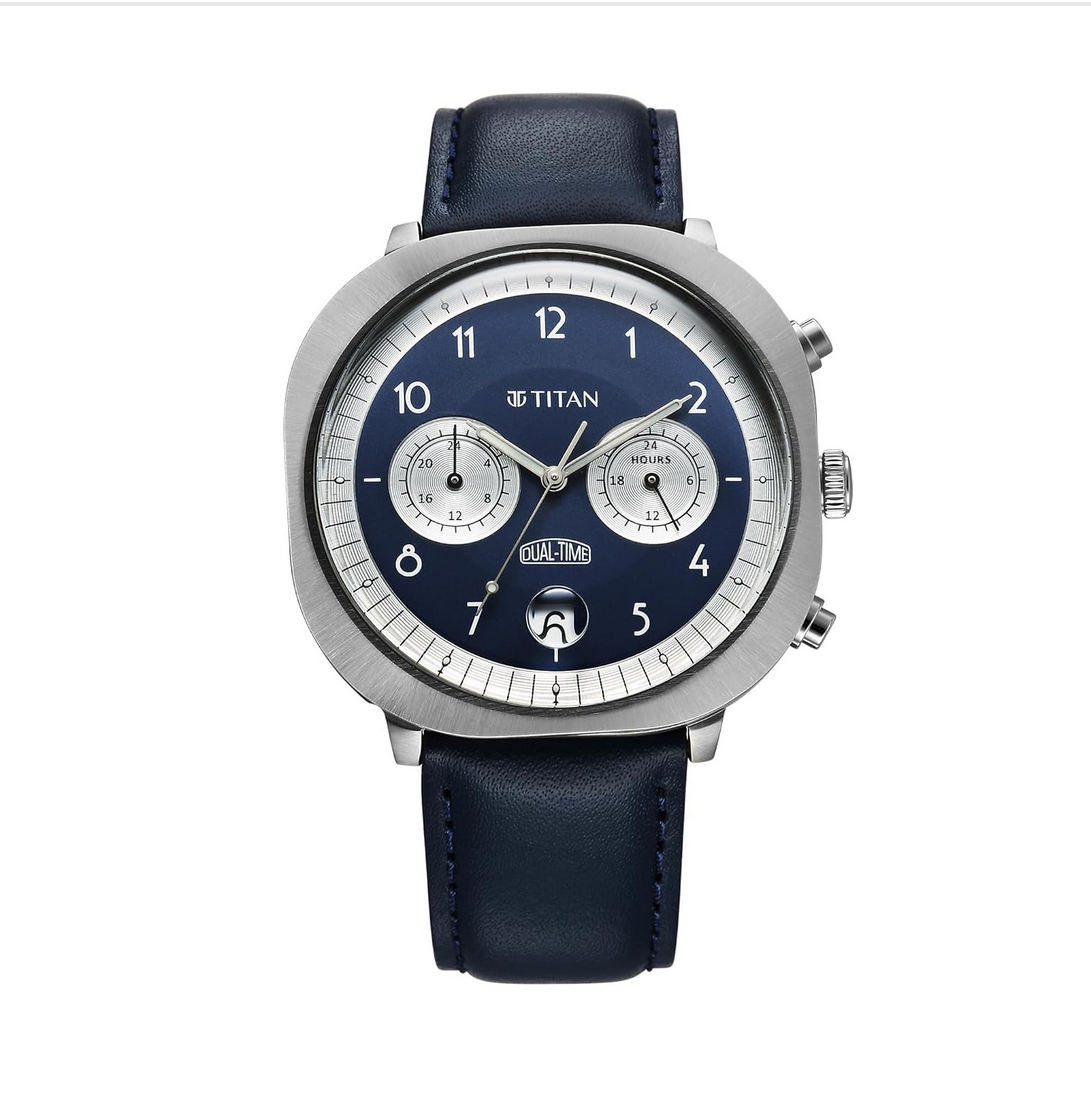 Titan Timeless Treasures Quartz Analog Dual Time Blue Dial With Blue Color Leather Strap Watch For Men