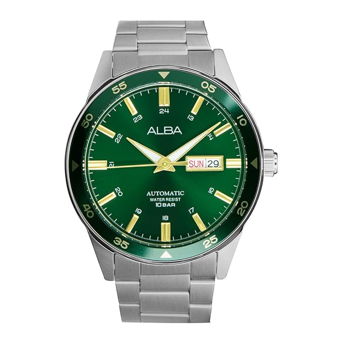 Alba Stainless Steel Mens Green Dial Mechanical Analogue Watch, Band_Silver