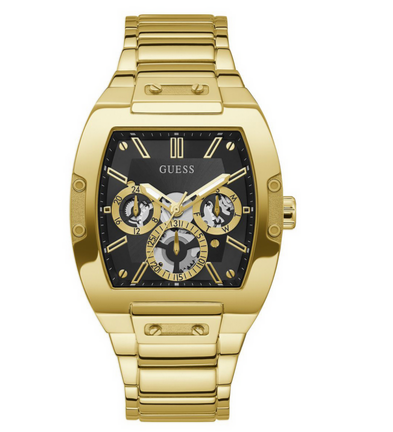 GUESS Stainless Steel Phoenix Collection Analog Black Dial Men Watch-Gw0456G1, Gold Band