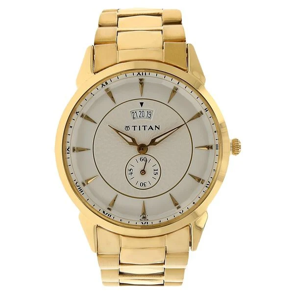 Titan Quartz Analog with Date Silver Round Dial Golden Stainless Steel Strap Watch For Men