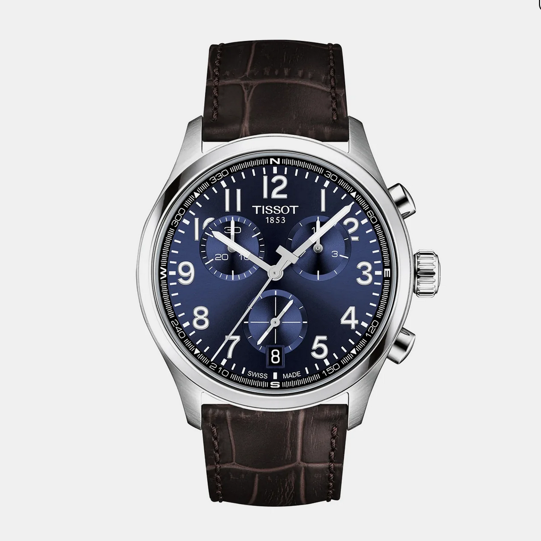 Men Quartz Blue Dial Chronograph Leather Watch T1164171604200