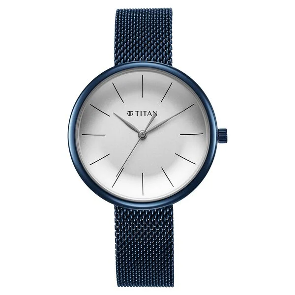 Titan Slimline Quartz Analog White Dial Blue Stainless Steel Strap Watch for Women