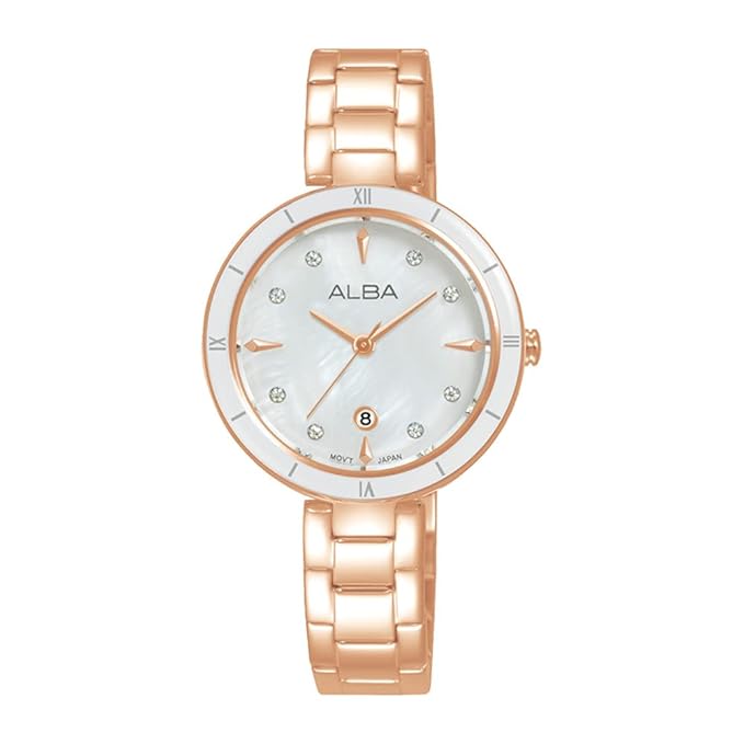 Alba Stainless Steel Women Analog Wristwatch White Dial, Rose Gold Band