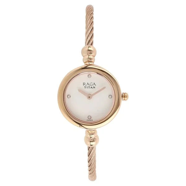 Titan Quartz Analog White Dial Rose Gold Metal Strap Watch For Women