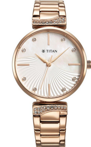 Titan Purple Style Up Quartz Analog Mother Of Pearl Dial Stainless Steel Strap Watch for Women