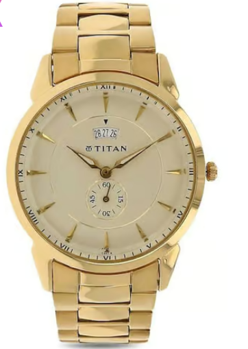 Titan Quartz Analog with Date Champagne Dial Stainless Steel Strap Watch for Men