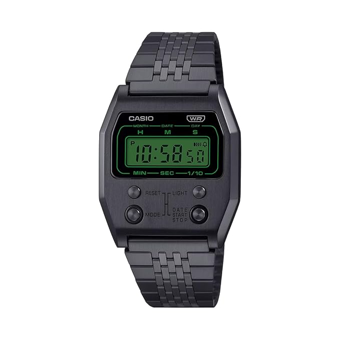 Casio Unisex Vintage A1100B-1DF Black Digital Dial Black Stainless Steel Band
