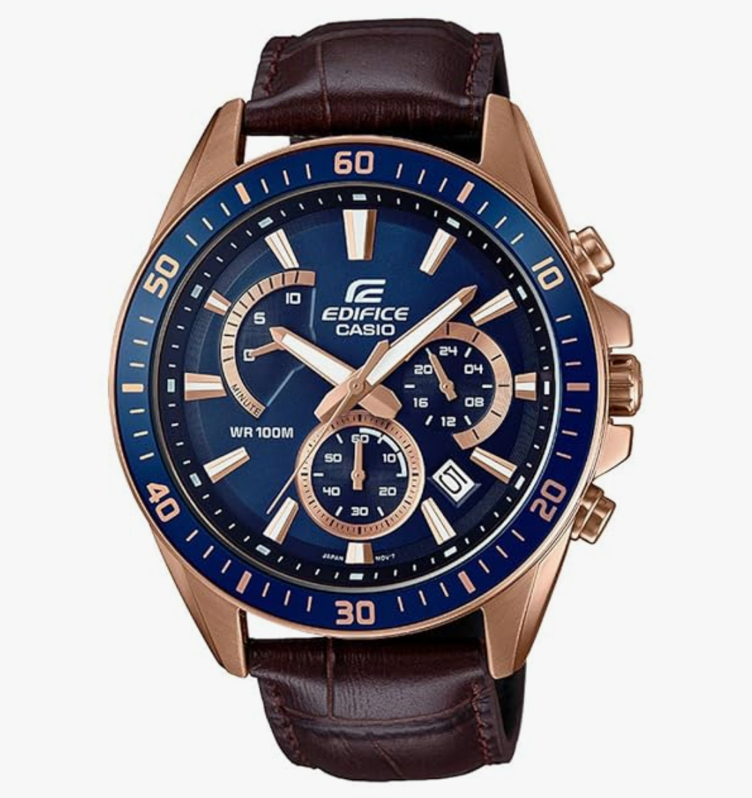 Casio EDifice EFR-552GL-2AVUDF Blue Analog Dial Brown Leather Band Men's Watch Chronograph 100M Water Resistant