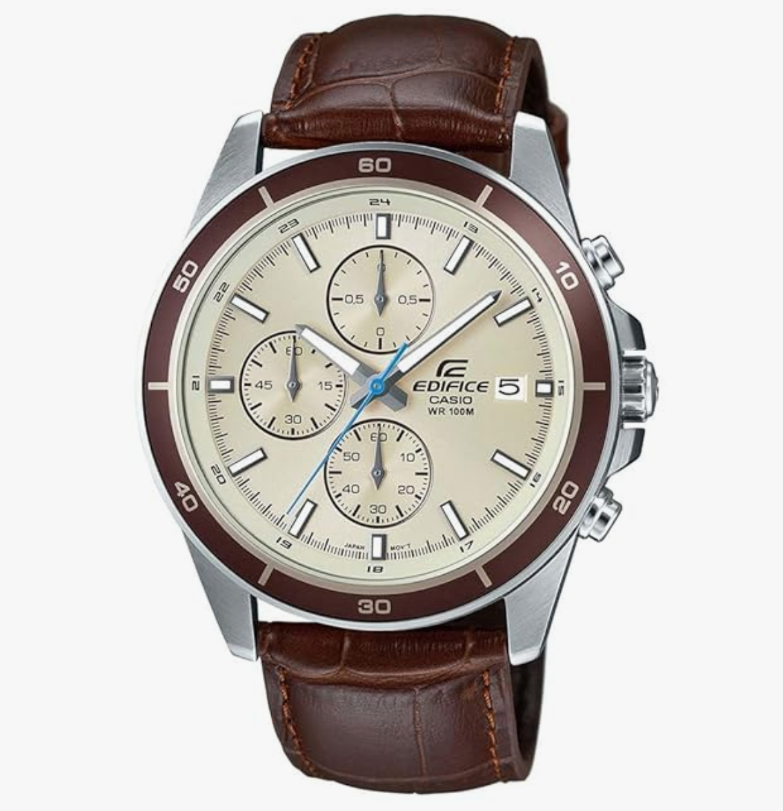 Casio Edifice EFR-526L-7BVUDF Beige Analog Dial Brown Leather Band Men's Watch Chronograph 100M Water Resistant