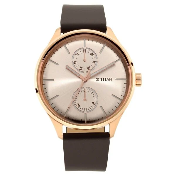 Titan Evoke Champagne Dial Analog with Day and Date Stainless Steel Strap watch for Men