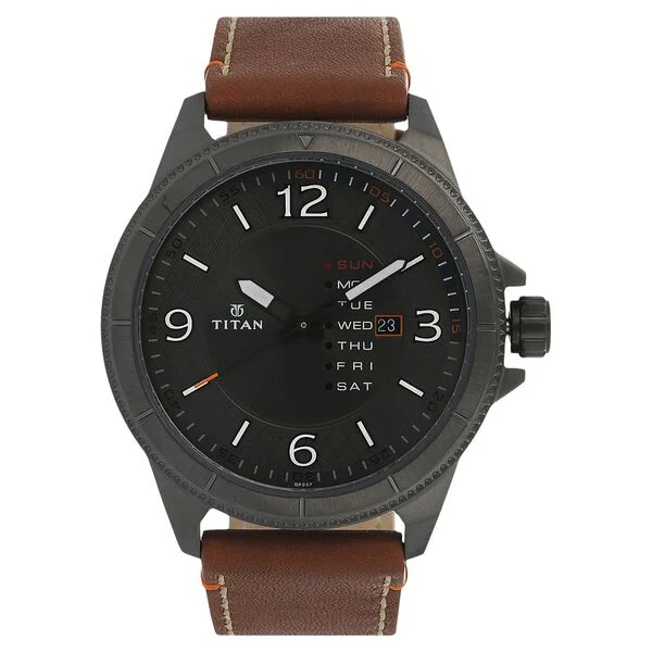 Titan Analog with Day and Date Anthracite Dial Leather Strap watch for Men