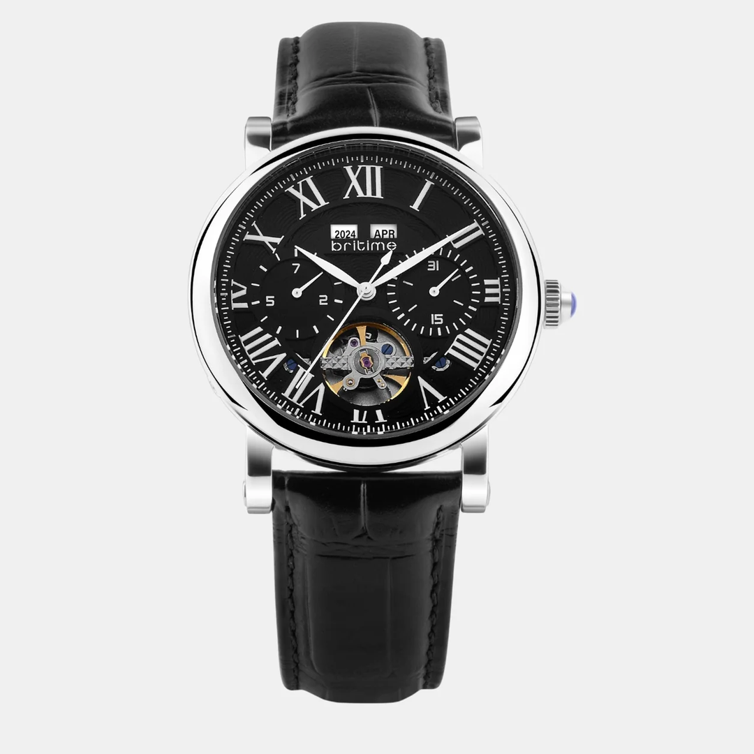 Motion Men Automatic Black Dial Multi-Function Leather Watch 323-L10406