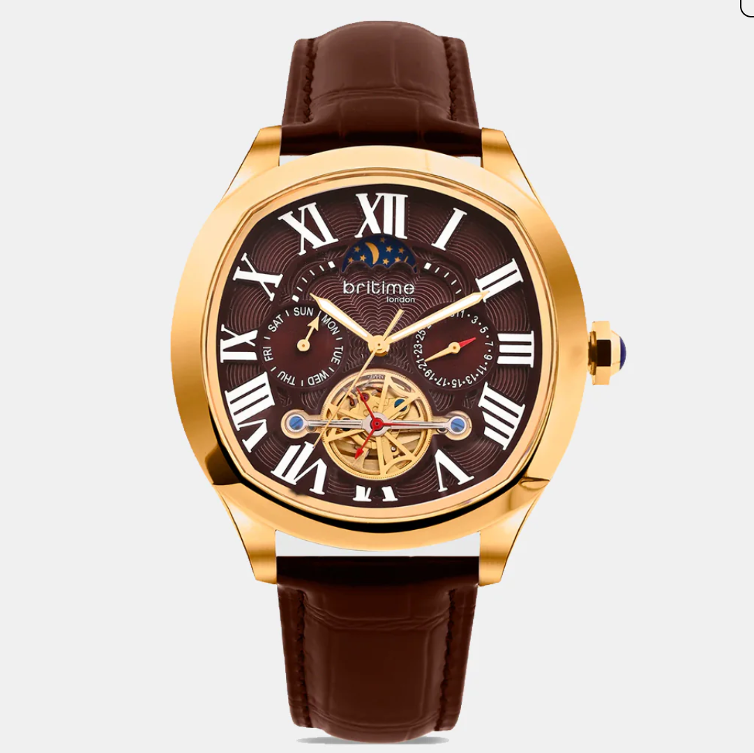 Men Automatic Brown Dial Multi-Function Leather Watch 1641-L30608