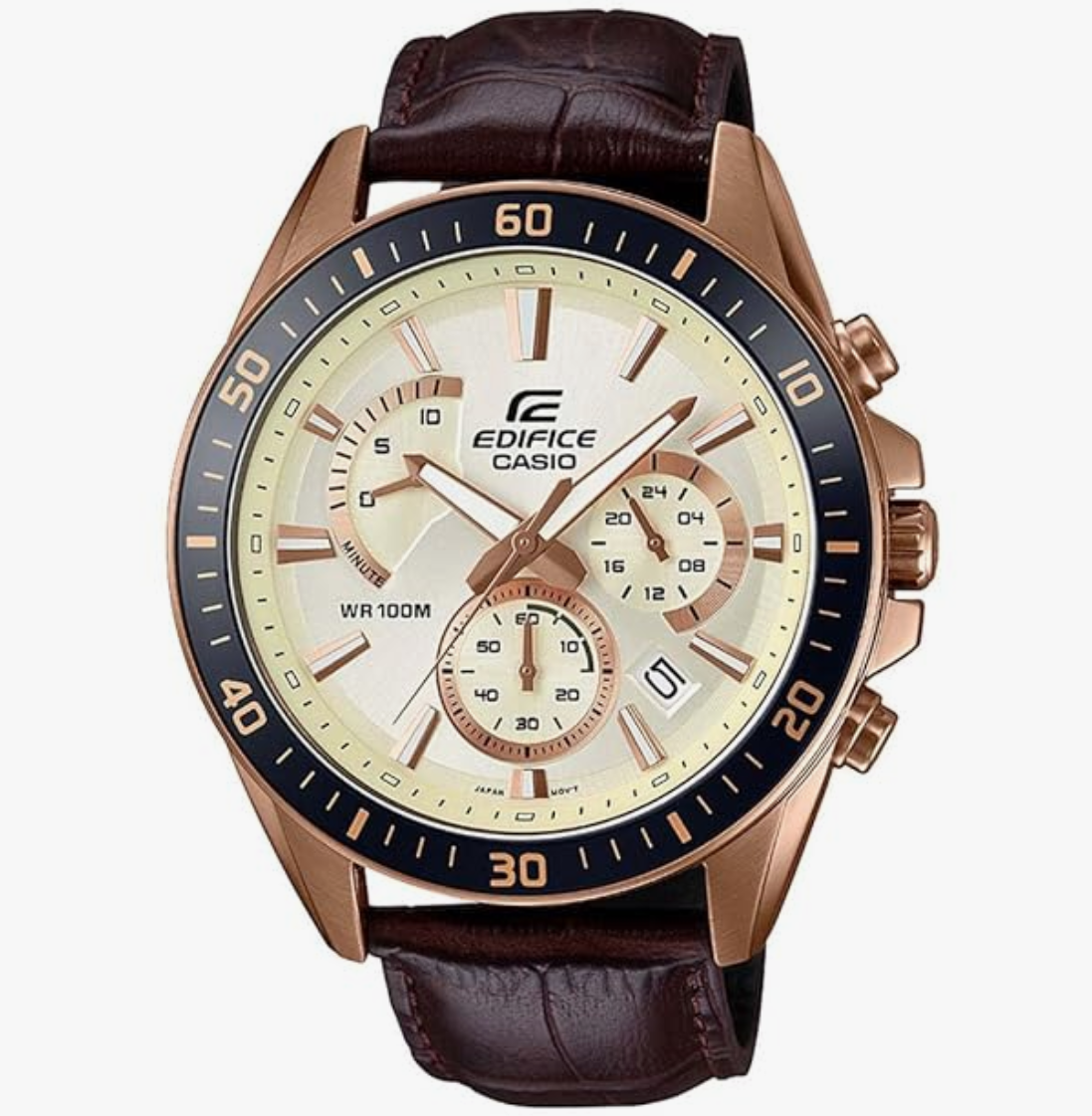 Casio Edifice EFR-552GL-7AVUDF Beige Analog Dial Brown Leather Band Men's Watch Chronograph 100M Water Resistant