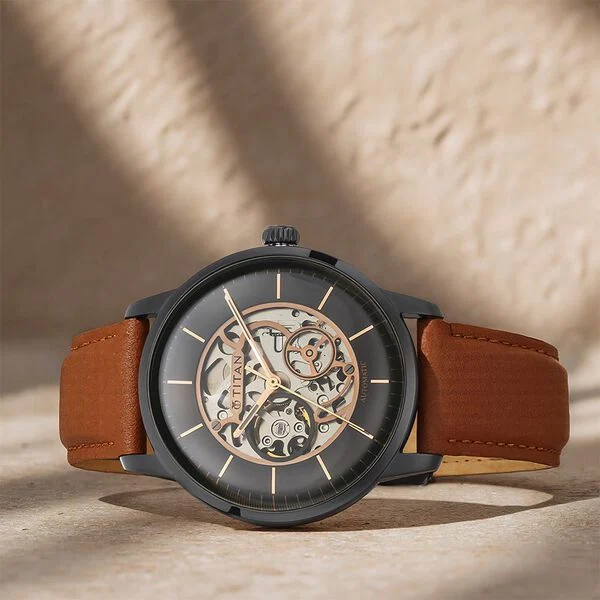 Titan Automatics Black Dial Tan Leather Strap Watch for Men