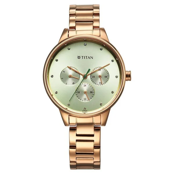 Titan Razzle Dazzle Quartz Analog with Day and Date Green Dial Rose Gold Stainless Steel Strap Watch For Women