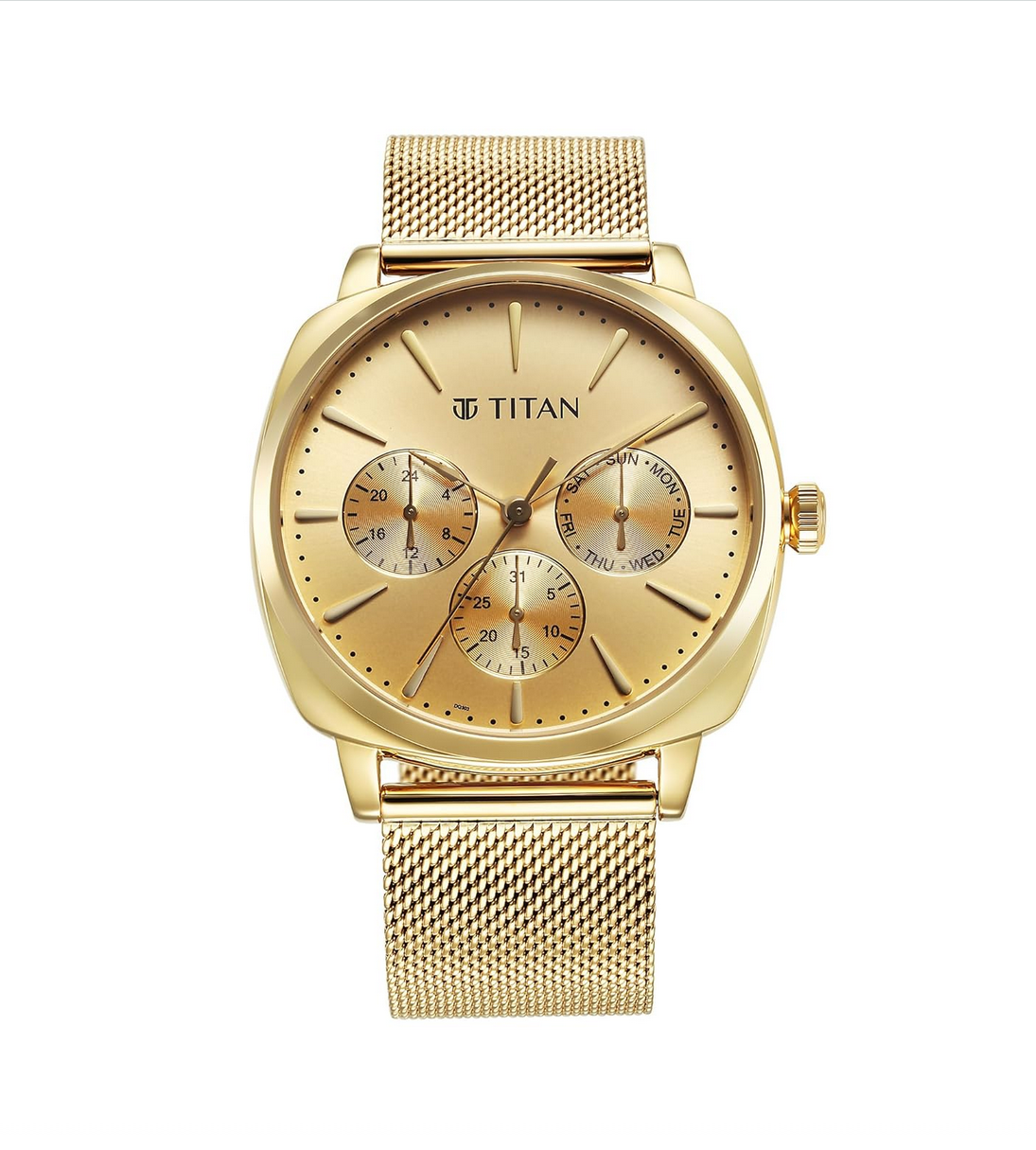Titan Classique Suave Quartz Yellow Dial Golden Stainless Steel Mesh Strap Watch for Men