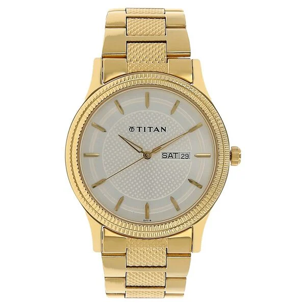 Titan Quartz Analog with Day and Date Silver Dial Golden Stainless Steel Strap Watch For Men