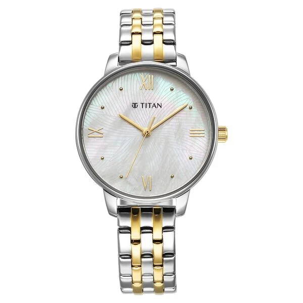 Titan Purple Style Up Quartz Analog Mother Of Pearl Dial Stainless Steel Strap Watch for Women