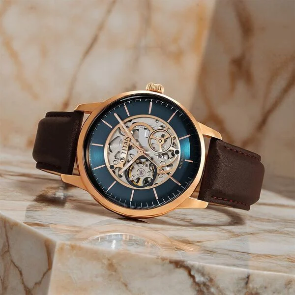Titan Skeletal Automatic Blue Dial Brown Leather Strap Watch for Men