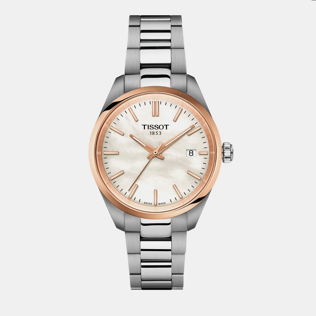 Pr 100 Women Quartz White Mother Of Pearl Dial Analog Stainless Steel Watch