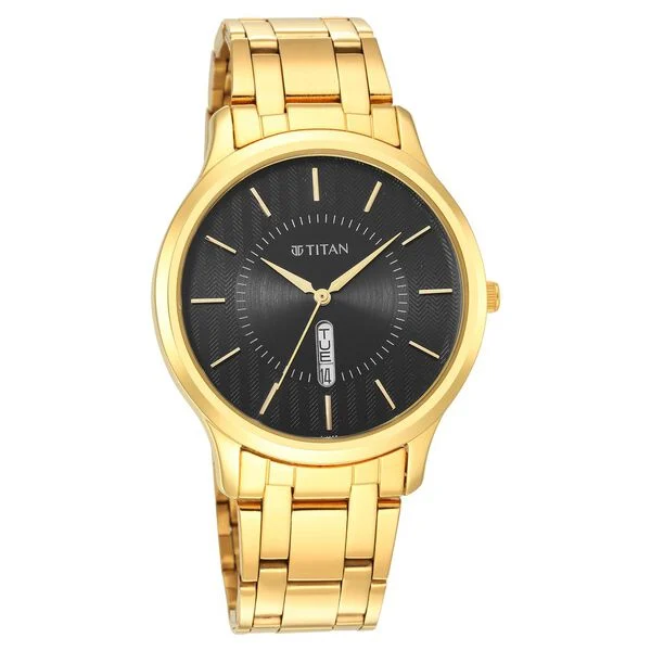 Titan Karishma Quartz Analog with Day and Date Black Dial Golden Stainless Steel Strap Watch For Men