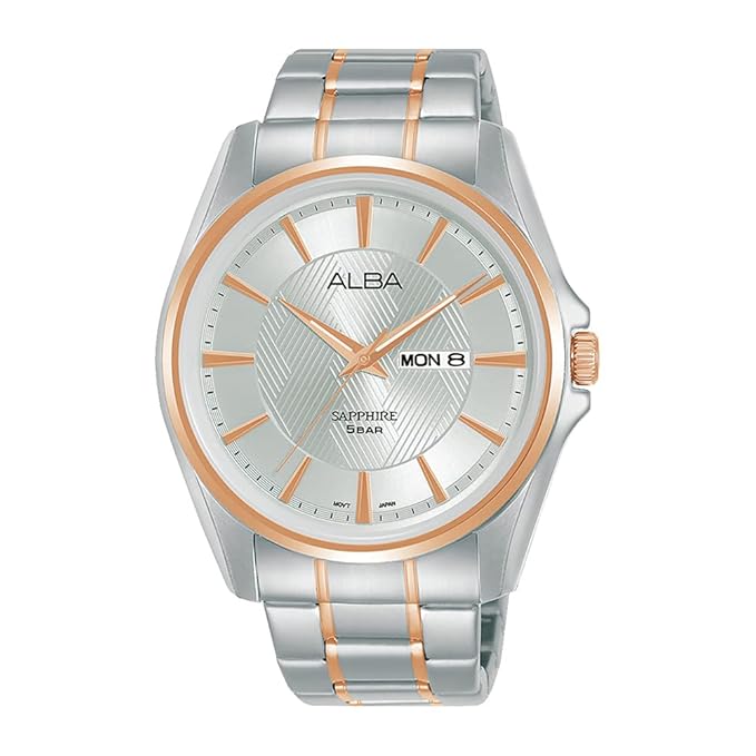 ALBA AJ6096X1 Men's Stainless Steel Watch with Silver White Patterned Dial - Day and Date Display