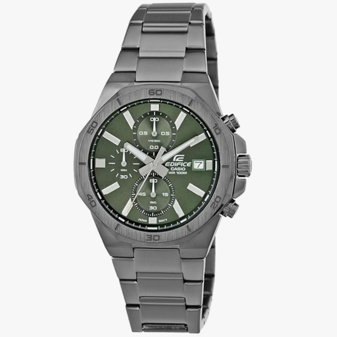 Casio Edifice EFV-640DC-3AVUDF Green Analog Dial Gray Ion Plated Stainless Steel Band Men's Watch Chronograph 100M Water Resistant ED586